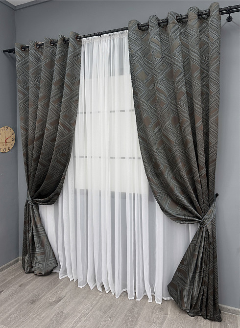 Комплект штор на люверсах VR-Textil Жаккард Mystery № 1621ш Серый с коричневым 150х280 см 2 шт (37-0202) Киев - изображение 3