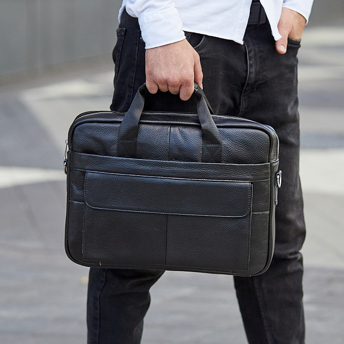 Кожаная мужская сумка для ноутбука и документов черная Tiding Bag 143412 Каменское - изображение 6