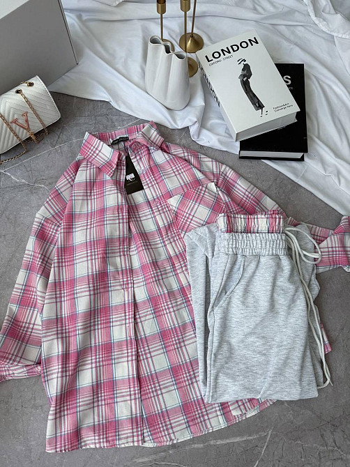 Женский повседневный костюм двойка: рубашка в клетку и штаны фланель + двунитка Розовый, 42/46 Одесса - изображение 1
