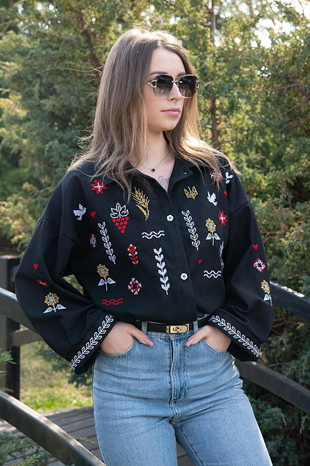 Жіноча сорочка з вишивкою, вишиванка з довгим рукавом лляна чорна топ Київ - фото 2