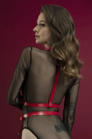 Портупея на груди Feral Feelings - Harness Top, натуральна шкіра, колір червоний Львів