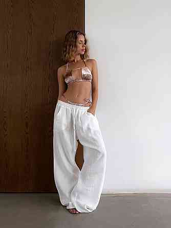 Женский летний оверсайз костюм двойка: рубашка и брюки из смягченного льна креш Молочный, 42/46 Одесса