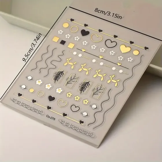 3D наклейки для ногтей золото черные | сердечки, цветы, линии, фигурки Киев