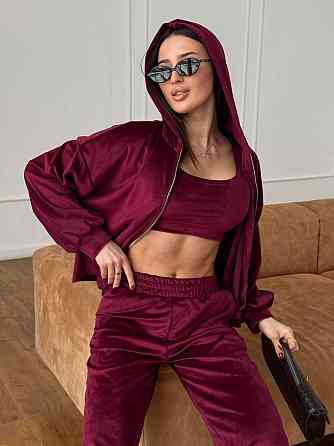 Женский повседневный костюм тройка: кофта, топ и брюки велюр Бордовый, 48/52 Одесса