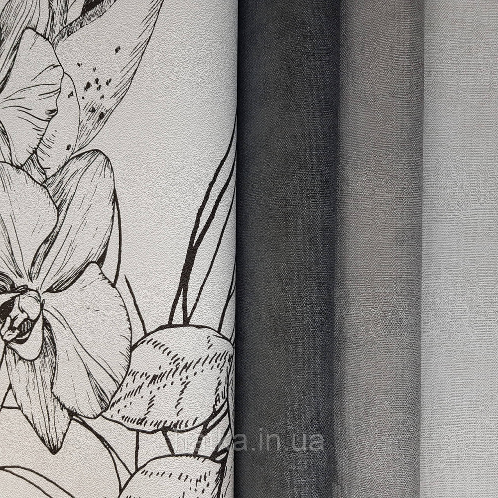 Шпалери вінілові на флізелін Marburg New Spirit панно 2.12х2.7 м квіти листя великі чорні на білому Київ - фото 3