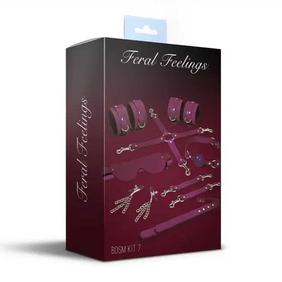 Набір Feral Feelings BDSM Kit 7 Burgundy, наручники, поножі, конектор, маска, падл, кляп, затискачі Львів