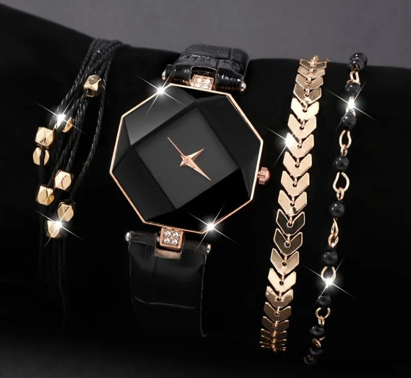 Подарунковий набір для жінок 1 наручний годинник з 3 браслетами чорний Київ - фото 1