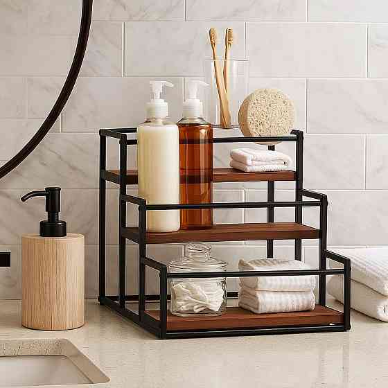 Полка для кухни ванной или бара на 3 ступени для бутылок деревянная,стойка настольная ступенчатая для сиропов Каменец-Подольский