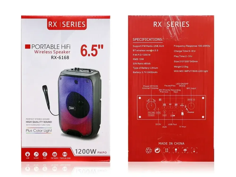 Портативная Bluetooth колонка RX-6168 с LED подсветкой, FM, USB, TF, TWS, микрофоном, 6.5