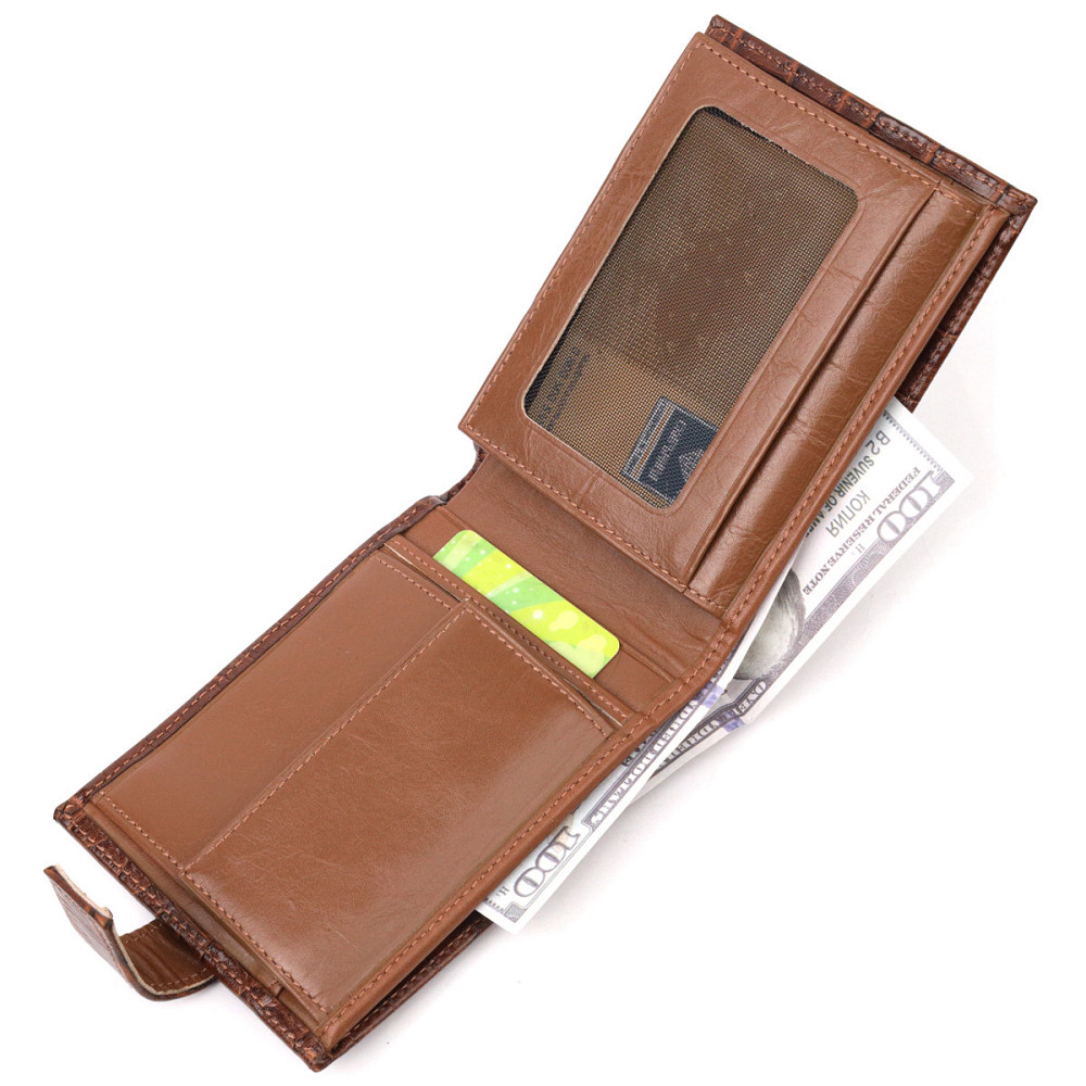 Цікавий чоловічий гаманець із натуральної шкіри з тисненням під крокодила Коричневий (KARYA) Київ - фото 2