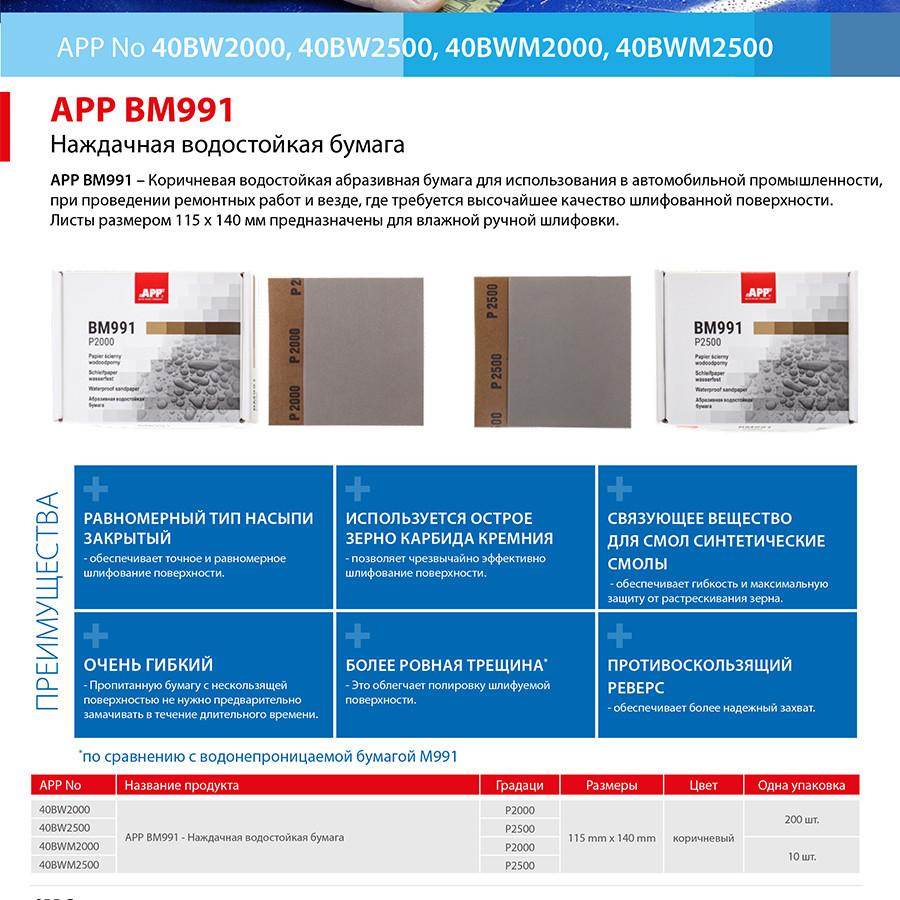 Абразивний папір водостійкий "BM991" P2500 115х140мм (ціна за уп.-200шт) коричневий APP, 40BW2500 Київ - фото 4