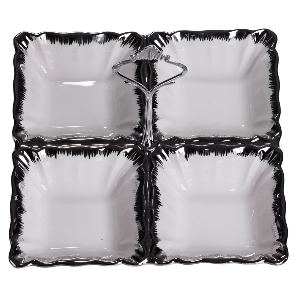 Yiwu Менажниця порцелянова на 4 секції для закусок 18×18×3 (см) з ручкою Білий з сріблом LC-BYL Коломия - фото 2