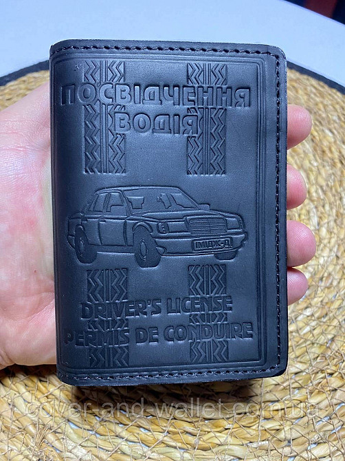 Якісна шкіряна обкладинка на права та техпаспорт чорного кольору Київ - фото 2