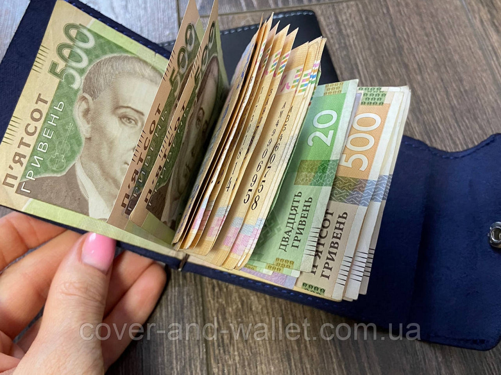 Кожаный зажим для купюр и карточек на кнопке синего цвета LQ Leather Киев - изображение 4