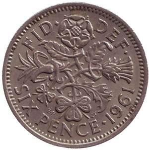 Флора: лук-порей, роза, чертополох и трилистник. Монета 6 пенсов. 1954-70 год, Великобритания.(В) Полтава - изображение 1