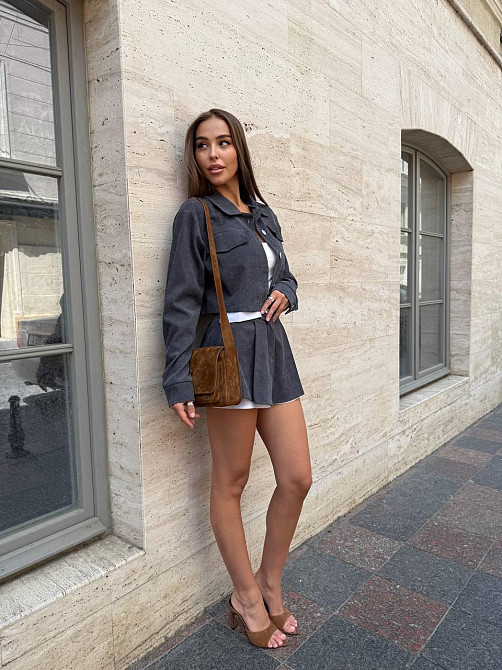 Жіночий стильний костюм-двійка: жакет і спідниця вельвет Графіт, 42/44 Одеса - фото 5