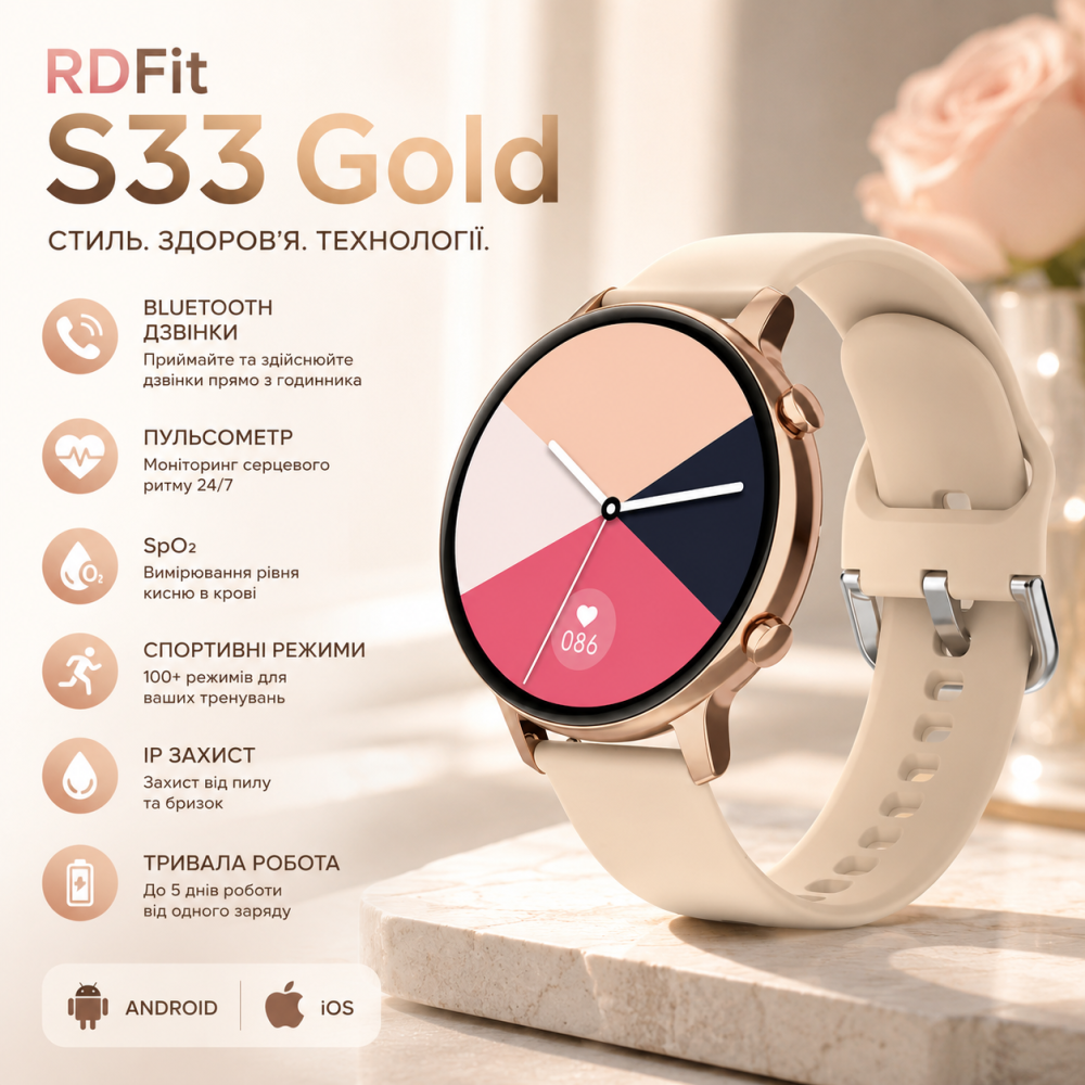 Смарт-годинник RDFit S33 Gold 1.28" IPS, Bluetooth-дзвінки, SpO₂, пульсометр, IP-захист, для Android та iPhone Київ - фото 9
