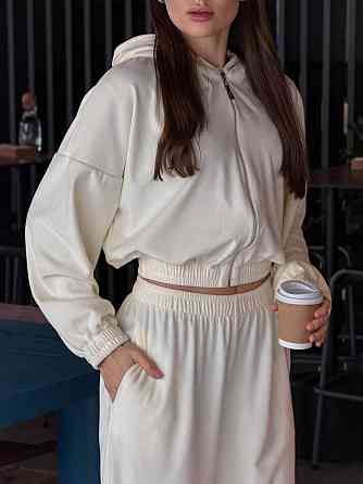 Женский повседневный велюровый костюм двойка: кофта и штаны плотный турецкий велюр Молочный, 48/52 Одесса