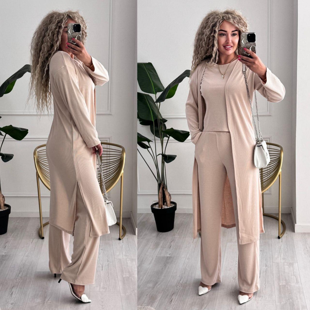 Жіночий базовий прогулянковий костюм-трійка: кардиган футболка та штани трикотажний рубчик Кремовий, 52/54 Одеса - фото 10