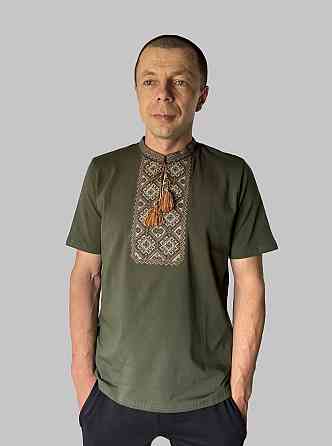 Мужская футболка вышиванка хаки с коричневым орнаментом 2XL Киев