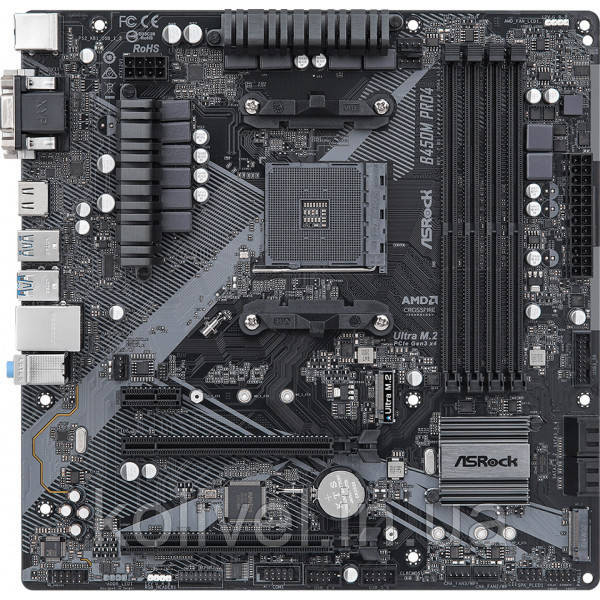 ASRock B450M Pro4 R2.0 (AM4/B450, 4*DDR4, 2xPCIex16, DVI-D/HDMI/VGA, 4xSATAІІІ, M.2, GLan, 8ch, mATX (B450M Київ - фото 1