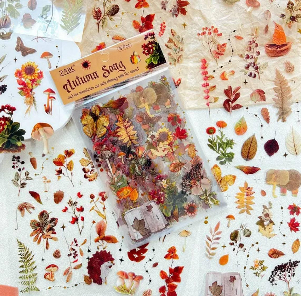 Набор винтажных осенних стикеров – 8 листов растительные мотивы 11×19 см Киев - изображение 1