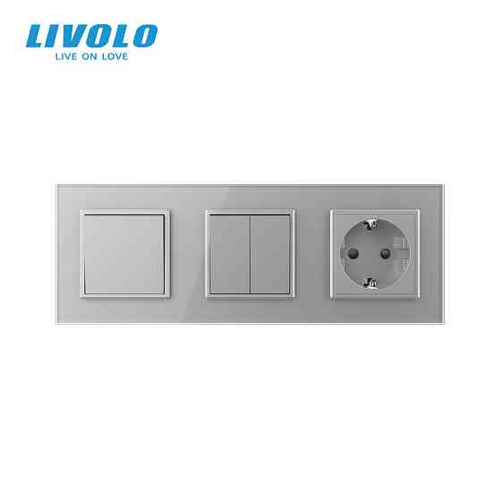 Трьохклавішний вимикач (1-2) з розеткою Livolo сірий скло (VL-C7K1/K2/FCTC16A-6IP) Коломыя