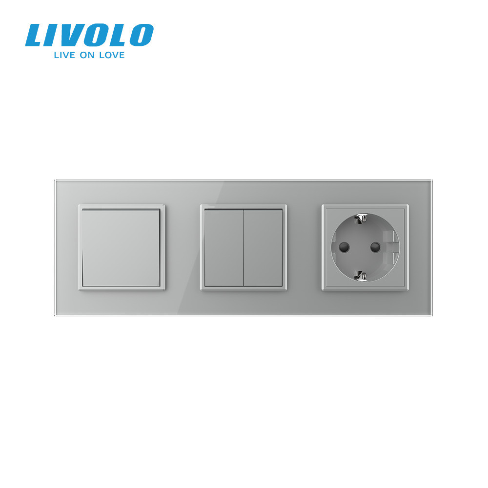 Трьохклавішний вимикач (1-2) з розеткою Livolo сірий скло (VL-C7K1/K2/FCTC16A-6IP) Коломыя - изображение 5