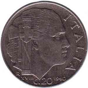 Віктор Еммануїл III. Монета 20 чентезимо. 1940,41 рік, Італія. (Немагнітні, ребристий гурт)(АМ) Полтава