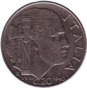 Віктор Еммануїл III. Монета 20 чентезимо. 1940,41 рік, Італія. (Немагнітні, ребристий гурт)(АМ) Полтава - фото 1