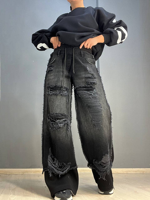 Джинси жіночі I8 80085-186 комбіновані з трикотажем рвані палаццо талія на резинці фліс чорний, чорний, XS, XS, 70 см, 98 см Київ - фото 11