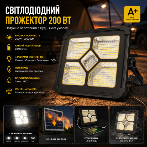 Аккумуляторный прожектор iodoo 200W 20600mAh Солнечная панель Переносной фонарь 20000 Lm IP66 для кемпинга и дома Киев