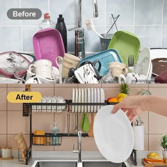 Многофункциональная Двухъярусная полка - органайзер JYH для сушки посуды над раковиной, черная 65 см Коломия