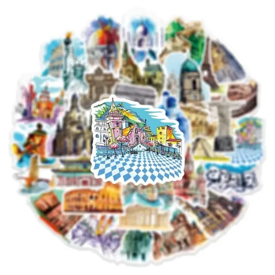 Набор стикеров 50 шт с мировыми памятками – наклейки для чемодана, ноутбука, тревел декор Киев