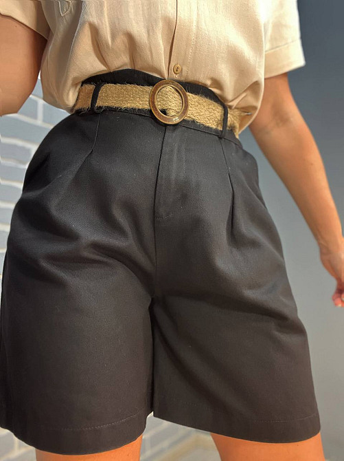 Шорты коттоновые Mix Ray 4022 бермуды высокая посадка на резинке пояс из льна черные, черный, S Киев - изображение 1