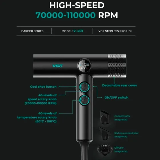 Професійний фен VGR V-401 Black: 1900W, 110k об/хв, 40 режимів обдування / 40 температур, 3 насадки Одеса