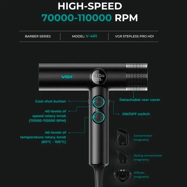 Професійний фен VGR V-401 Black: 1900W, 110k об/хв, 40 режимів обдування / 40 температур, 3 насадки Одеса - фото 3