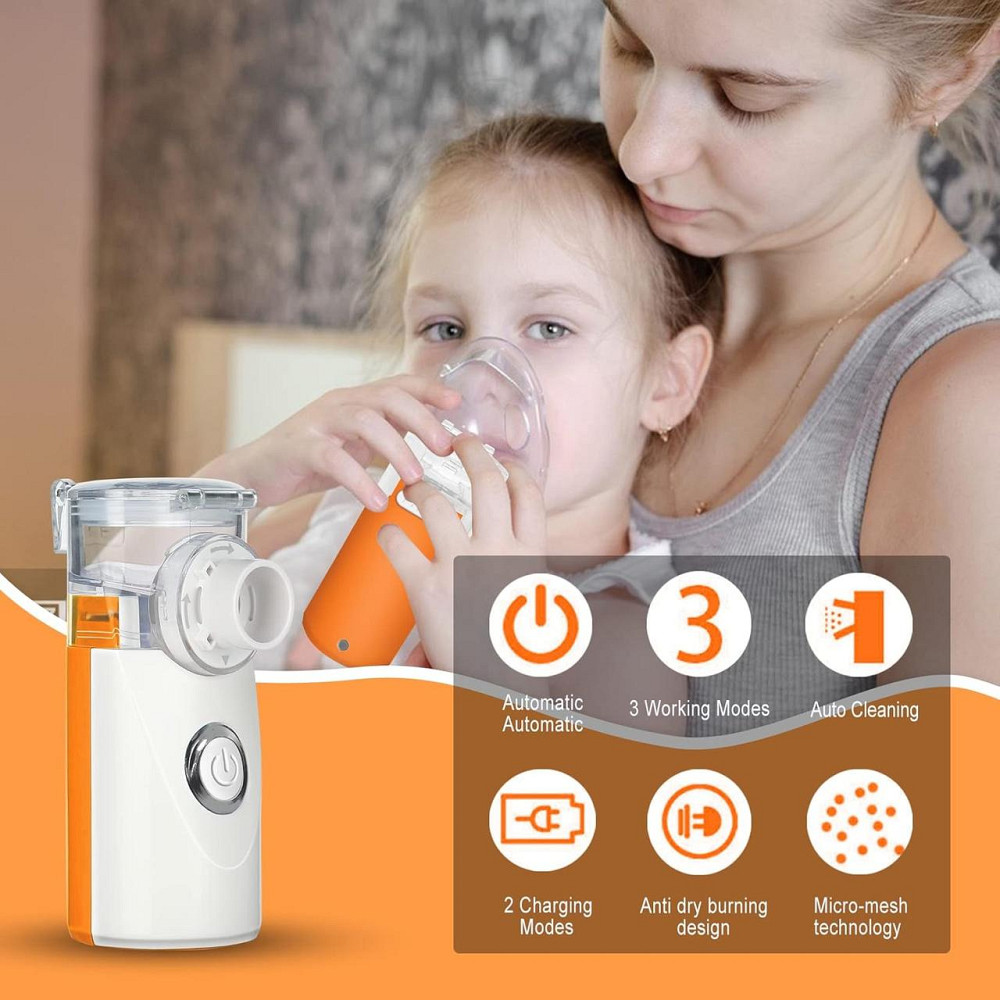 Небулайзер ультразвуковий портативний, аерозольний інгалятор для дітей та дорослих з масками та мундштуком для дому помаранчевий Київ - фото 4