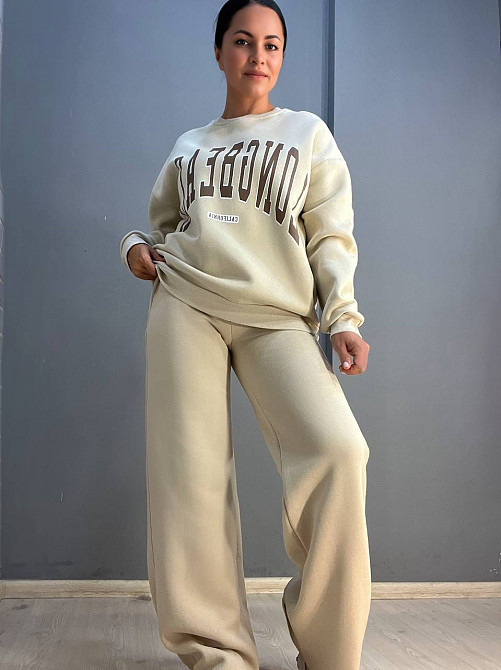 Костюм жіночий Quzen 388-488 подовжений світшот напис брюки палаццо широкі утеплений на флісі світло Одеса - фото 6