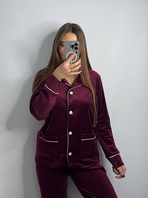 Костюм из плюшевого велюра на пуговицах с двумя карманами Бордовый S Харьков - изображение 2