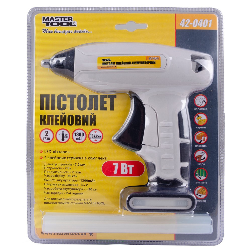 Пистолет клеевой MASTERTOOL аккумуляторный Ø 7.2 мм DC 3.7 V 1300 mAh 
