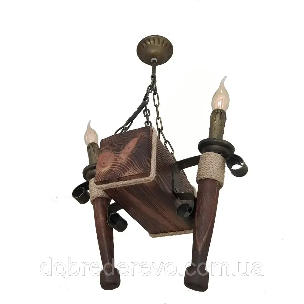 Люстра дерев'яна балка на ланцюгу на 2 факела в альтанку, сауну, будинок - кування під старовину Вижниця - фото 1