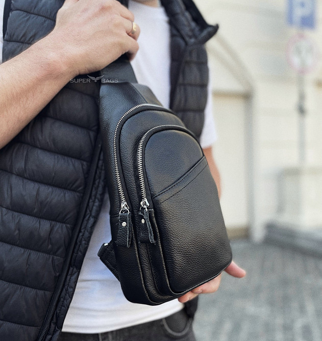 Сумка-слинг мужская через плече 17х32х8, бананка из натуральной кожи TIDING BAG A25F-515-1A черная Каменское - изображение 18