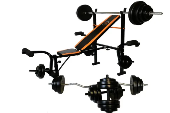 Лавка для жиму з тренажерами + 4 грифа + блінами 130 кг Гантелі, гирі, штанги та диски комплект Київ