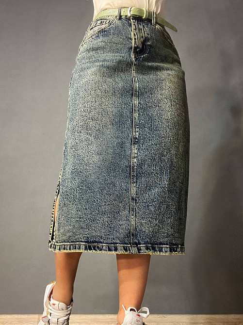 Юбка женская джинсовая ZJY 68005 длина ниже колена боковые разрезы зеленый ремешок синяя, синий, 33 Одесса - изображение 8