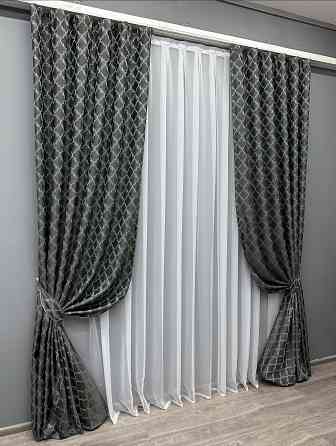 Комплект готовых штор VR-Textil Жаккард SAPFIR № 1754ш Графитовый с бирюзовым 150х300 см 2 шт (33-0712) Киев