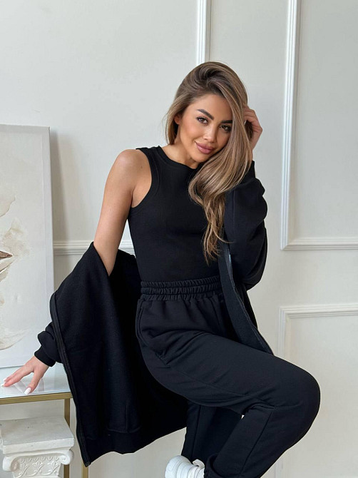 Женский прогулочный костюм тройка: кофта майка и штаны турецкая петля пенье + турецкая рибана Черный, 42/46 Одесса - изображение 1