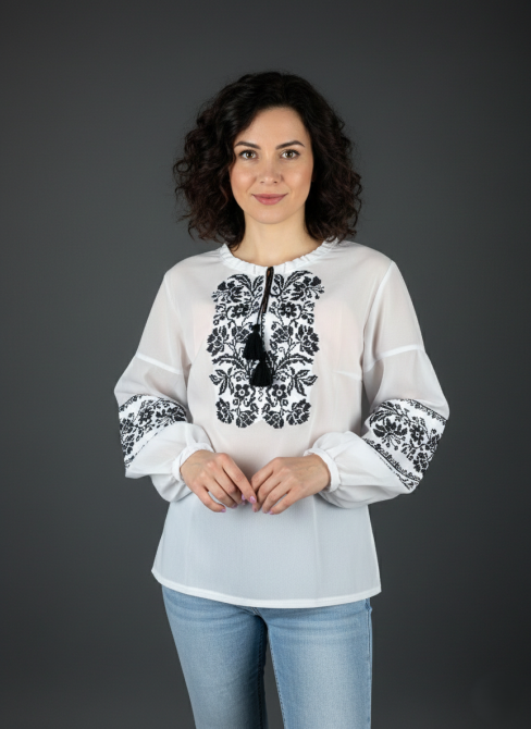 Шифоновая белая женская вышиванка с черным орнаментом 36 Киев - изображение 1