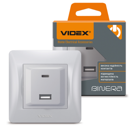 BINERA срібний шовк Розетка внутрішня USB+Type-C зарядний пристрій VF-BNCHRUC20-SS Videx Житомир