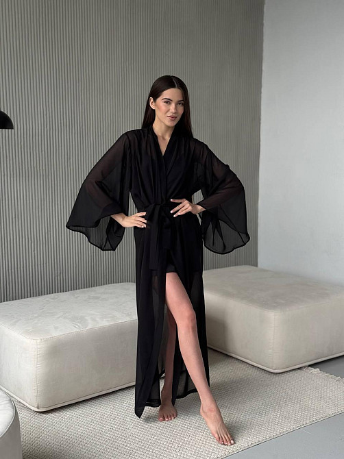 Довгий шифоновий халат Черный L/2XL Харьков - изображение 5